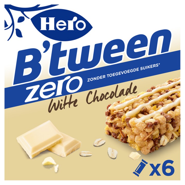 Hero B&amp;#x27;tween Mueslireep Zero Witte Chocolade 6 x 20g