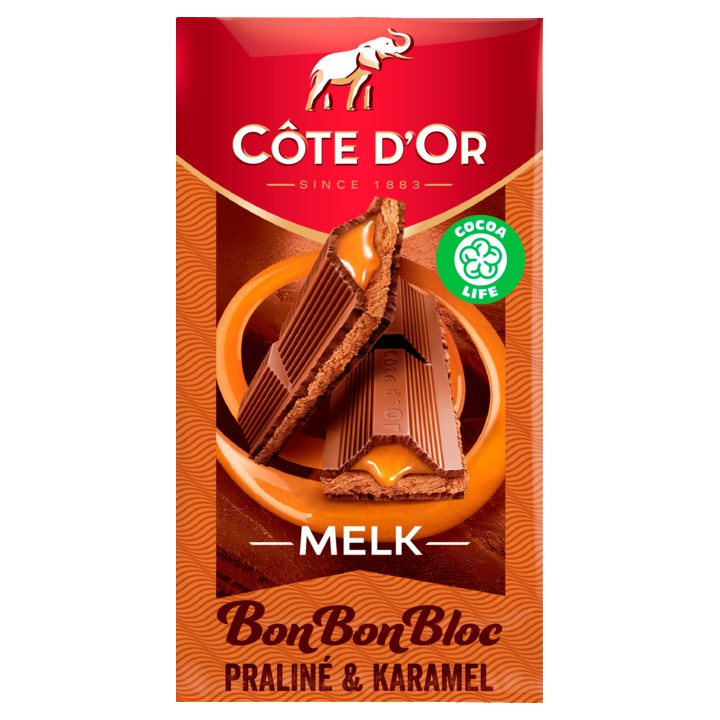 C&amp;ocirc;te d&amp;#x27;Or Melk BonBonBloc chocolade reep Pralin&amp;eacute; &amp;amp; Karamel 200g