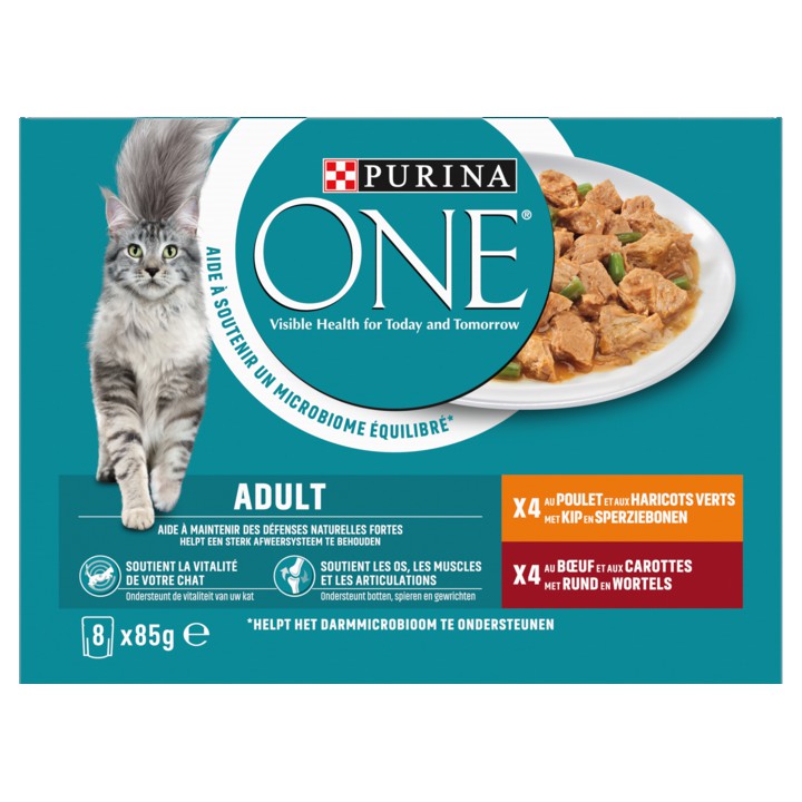 Purina ONE&amp;reg; Adult Rijk aan Kip en Sperziebonen / Rund en Wortels in Saus kattenvoer nat 8x85g