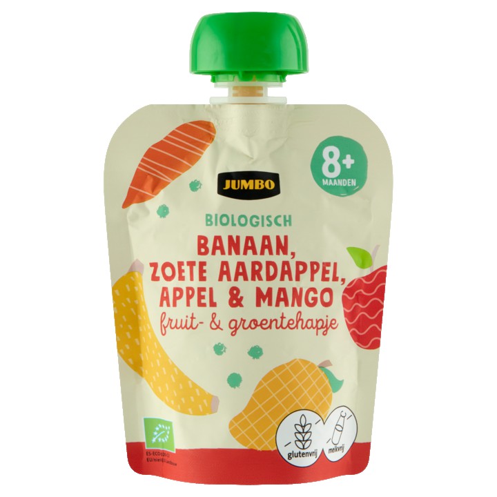 Jumbo Biologisch Fruit- &amp;amp; Groentehapje - Banaan, Zoete Aardappel, Appel &amp;amp; Mango 8+ Maanden 90g