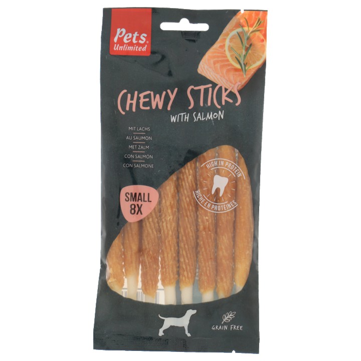 Pets Unlimited Chewy Sticks Zalm (small), 8 stuks