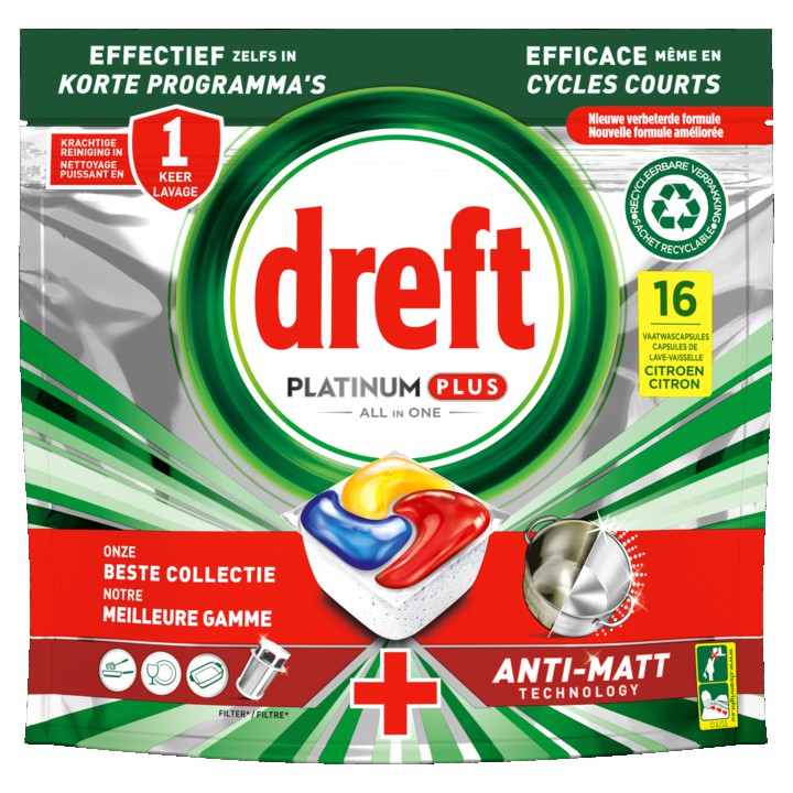 Dreft Platinum Plus All In One Vaatwascapsules Citroen, 16 Capsules