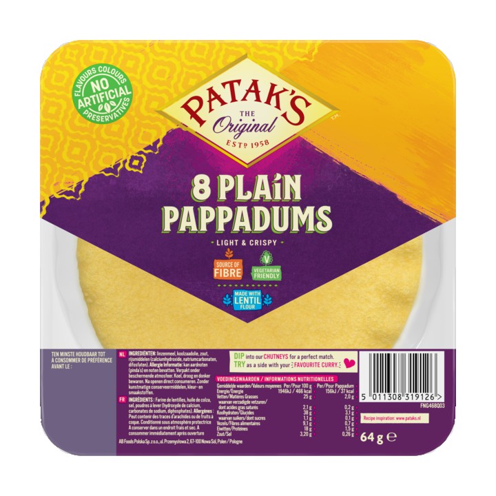 Patak&amp;#x27;s Pappadums Naturel Kant-en-Klaar 8 Stuks 64g