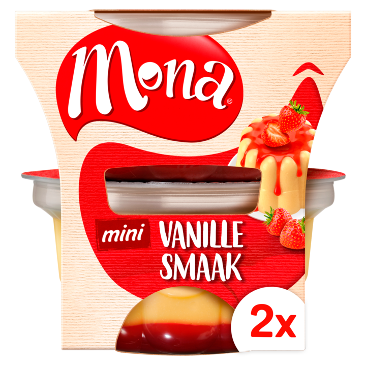 Mona mini Vanillesmaak pudding met aardbeiensaus 2 x 135ml