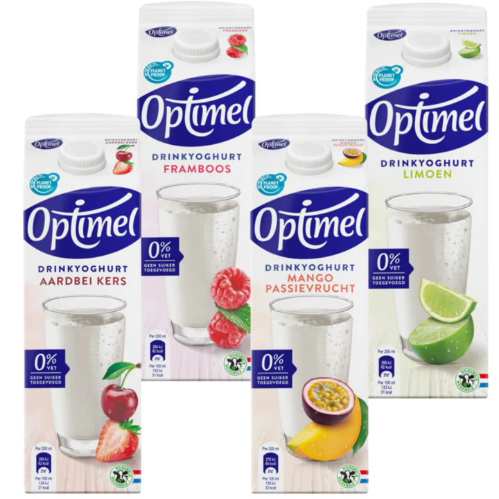 Optimel Drinkyoghurt Smaakvariatie &amp;ndash; Aardbei, Framboos, Mango-passievrucht, Limoen, 4L