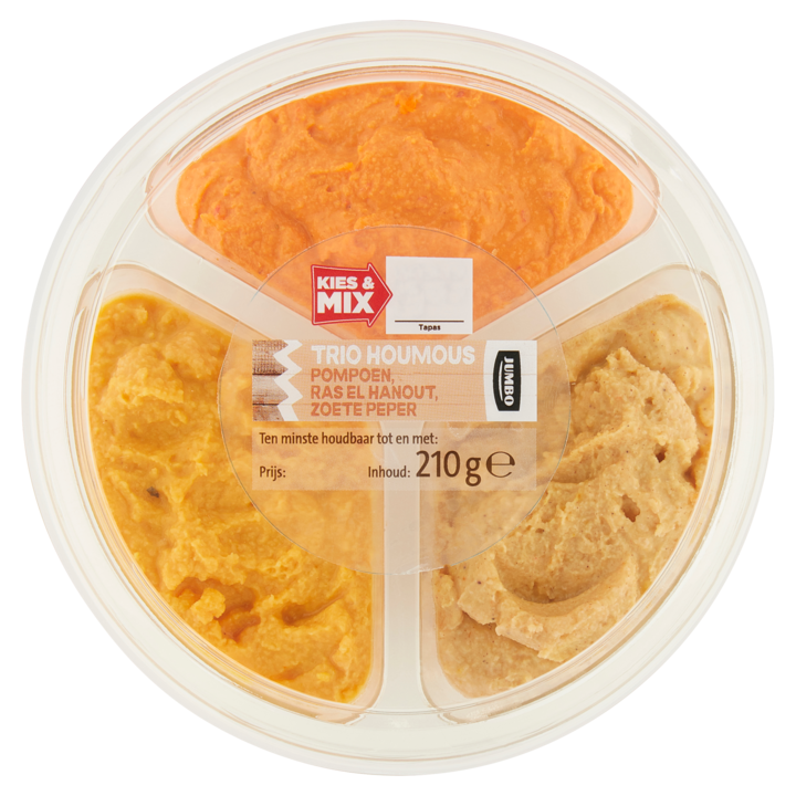 Jumbo Houmous Trio met Pompoen, Ras el Hanout en Zoete Peper 210g