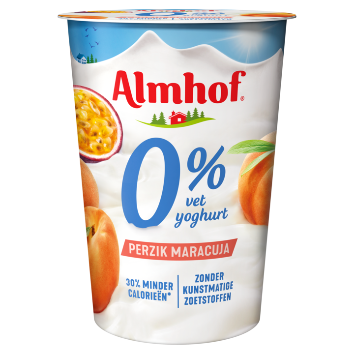 Almhof 0% vet yoghurt perzik maracuja