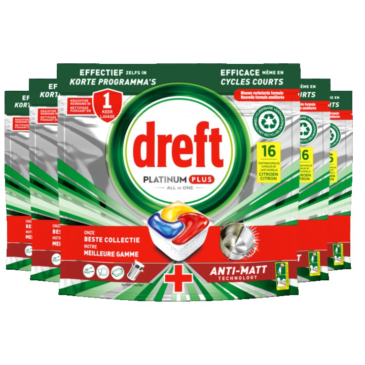 Dreft Platinum Plus All In One Vaatwascapsules Citroen, 5 x 16 Capsules