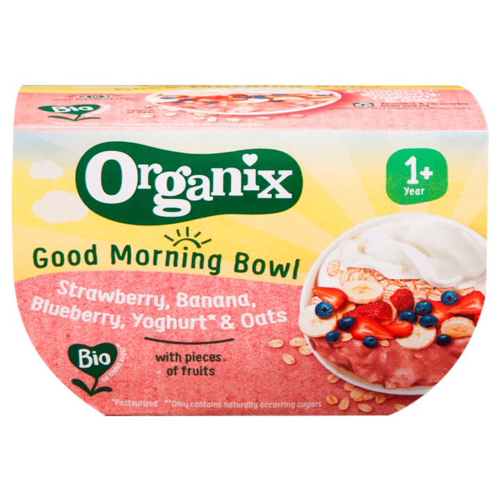 Organix Fruitpuree Good Morning Bowl Aardbei, Banaan, Bes, Yoghurt en Haver kuipje 120g