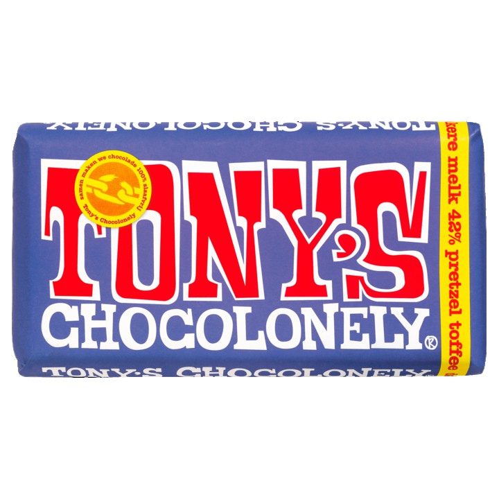 Tony&amp;#x27;s Chocolonely Donkere Melk 42% Pretzel Toffee Chocolade Reep 180g