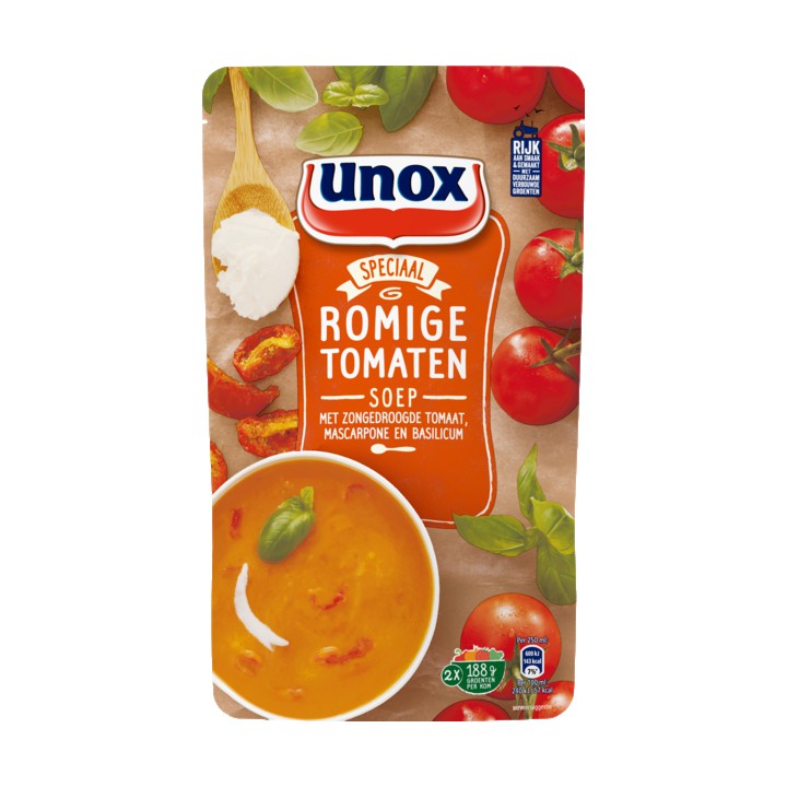 Unox Romige Tomaten Soep met Zongedroogde Tomaat, Mascarpone en Basilicum 570ml