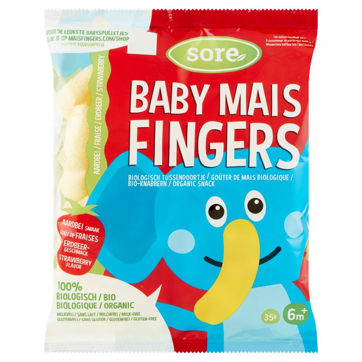 Sore Baby Mais Fingers Aardbei 6m+ 35g | Nederland Life Sore Baby Mais Fingers Aardbei 6m+ 35g