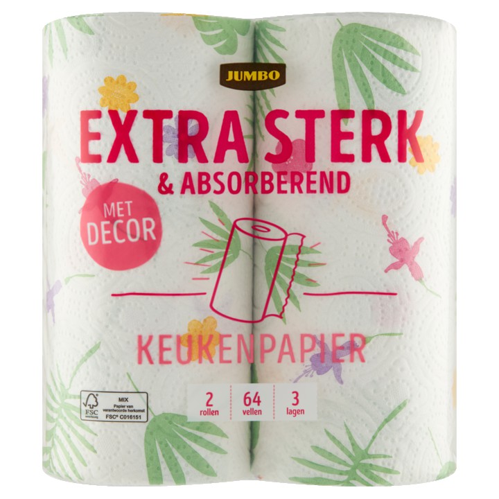 Jumbo Extra Sterk &amp; Absorberend Keukenpapier met Decor 3-Laags 2 Rollen