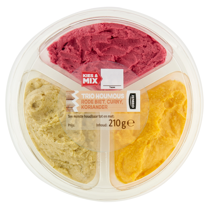 Jumbo Houmous Trio met Rode Biet, Curry en Koriander 210g