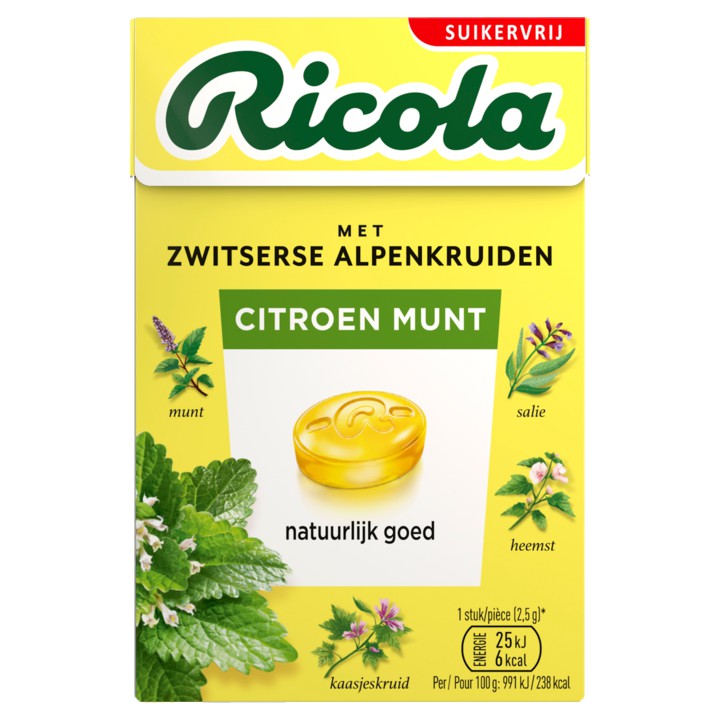 Ricola Citroen Munt suikervrij doosje 50g