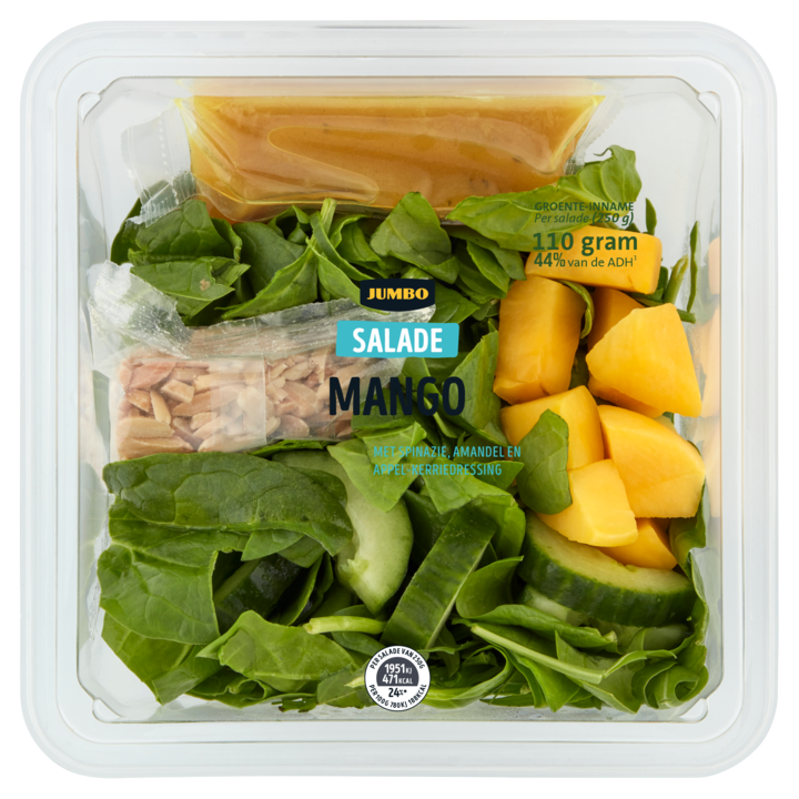 Jumbo Salade Mango met Spinazie, Amandel en Appel-Kerriedressing 250g