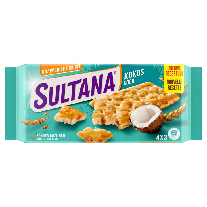 Sultana Knapperige Biscuit Kokos 4 x 3 Stuks 166g