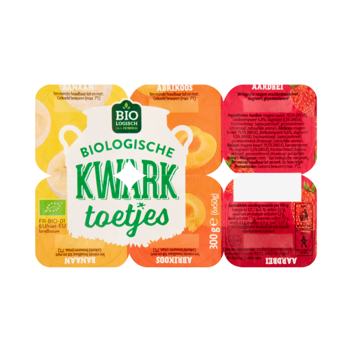 Jumbo Kwark Toetjes Banaan Abrikoos Aardbei Biologisch 6 x 50g