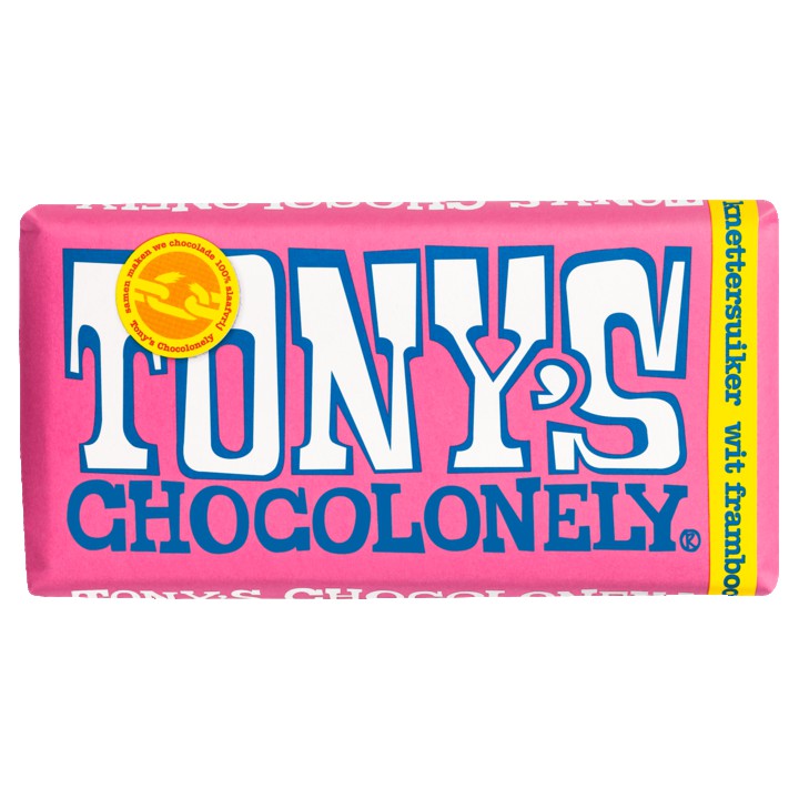 Tony&amp;#x27;s Chocolonely Wit 28% Framboos Knettersuiker Chocolade Reep 180g