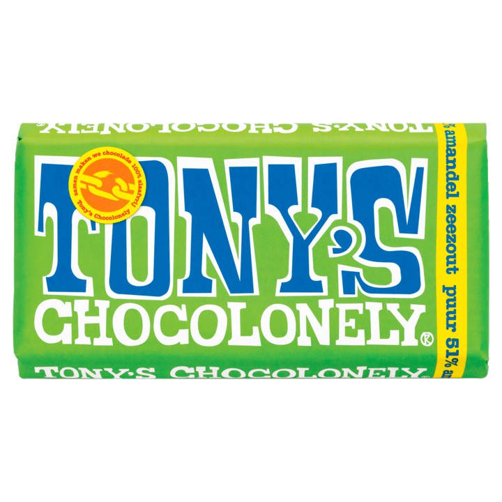 Tony&amp;#x27;s Chocolonely Amandel Zeezout Puur Chocolade reep 51% 180g