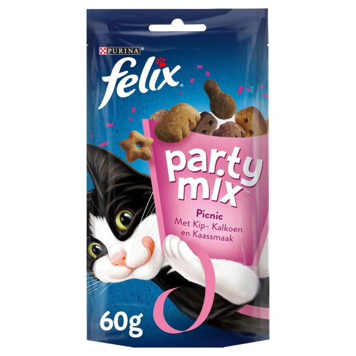 FELIX&amp;reg; Party Mix Picnic met Kip-, Kaas- &amp;amp; Kalkoensmaak - Kattensnacks - 60g