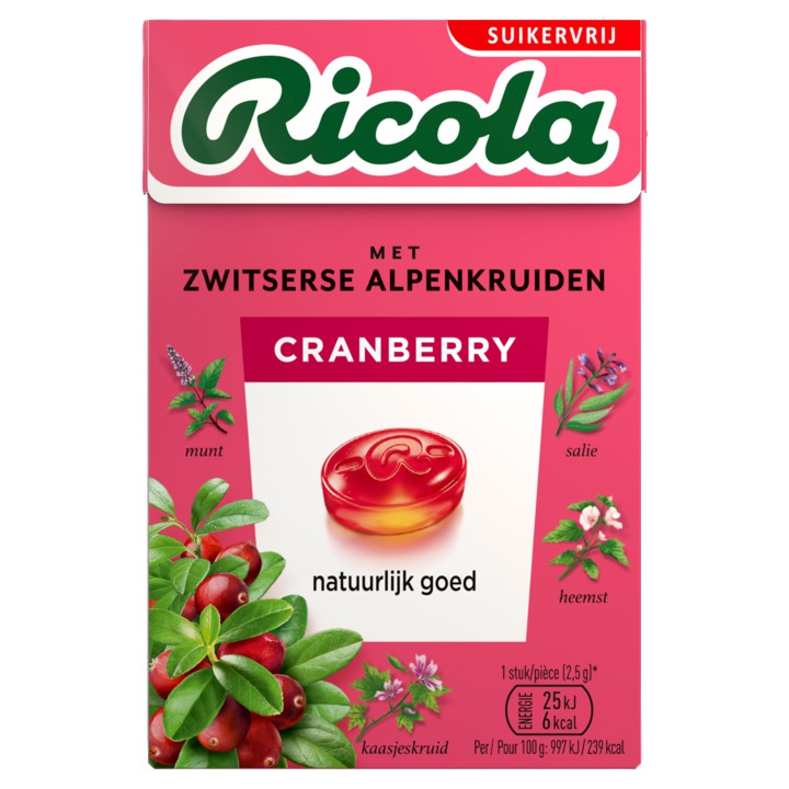 Ricola Cranberry suikervrij doosje 50g