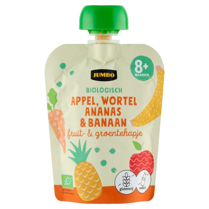 Jumbo Biologisch Fruit- &amp;amp; Groentehapje 8+ Maanden - Appel, Wortel, Ananas &amp;amp; Banaan 90g