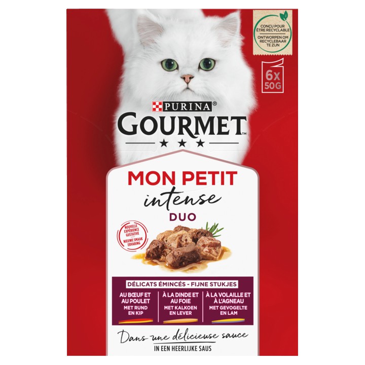 PURINA&amp;reg; Gourmet&amp;reg; Mon Petit Intense DUO Fijne stukjes met Rund en Kip, met Kalkoen en Lever, met Gevogelte en Lam 6x50g natvoer