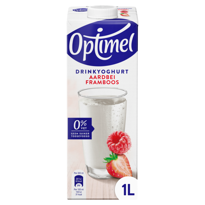 Optimel Langlekker Drinkyoghurt aardbei framboos 0% vet 1L