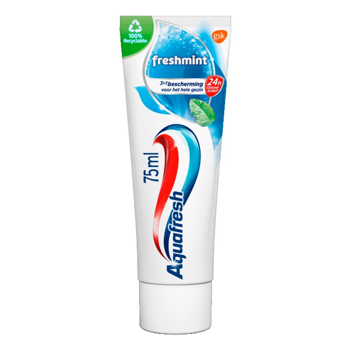 Aquafresh Freshmint 3in1 tandpasta voor een frisse adem 75ml, recyclebare plastic tube en dop