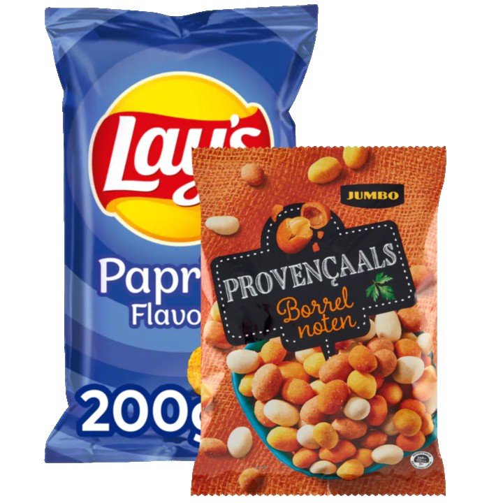 Lays Paprika Chips 200g en Jumbo Borrelnoten 500g