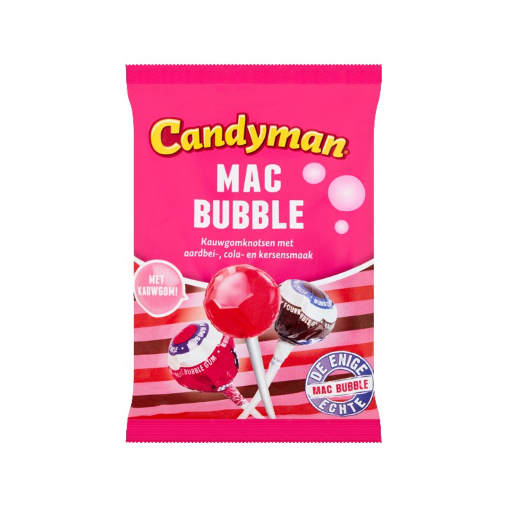 Candyman Mac Bubble Kauwgomknotsen met Aardbei-, Cola- en Kersensmaak 150g