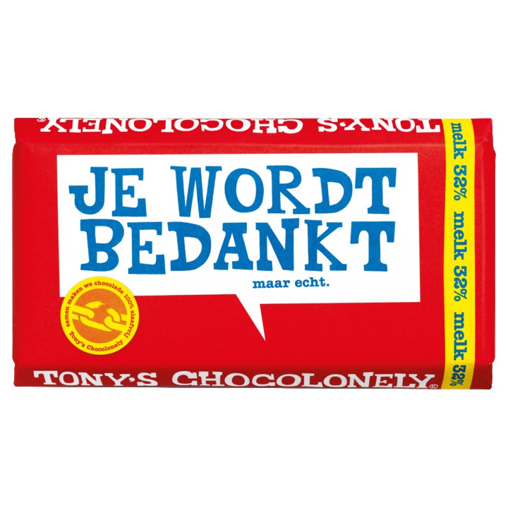 Tony&amp;#x27;s Chocolonely Melkchocolade reep - Je wordt bedankt!