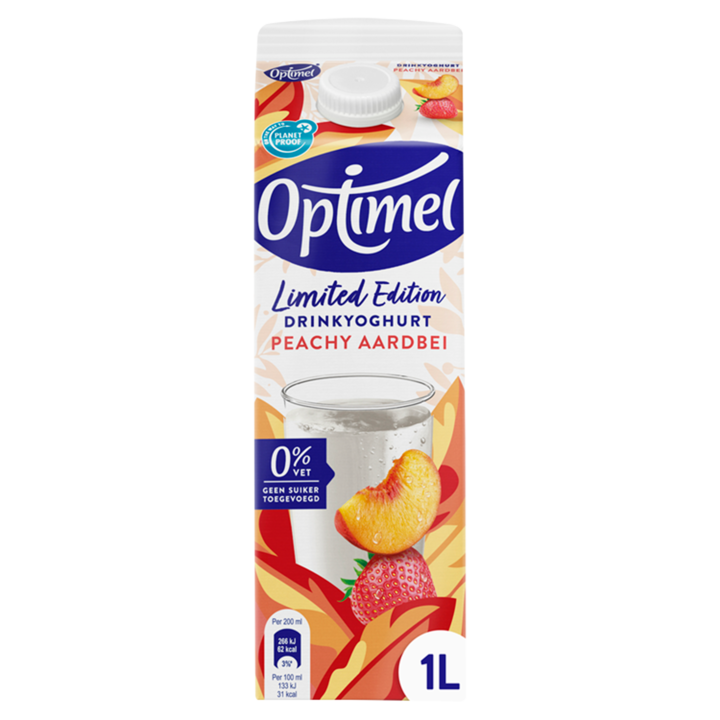 Optimel Drinkyoghurt Limited Edition Peachy aardbei 0% vet 1L