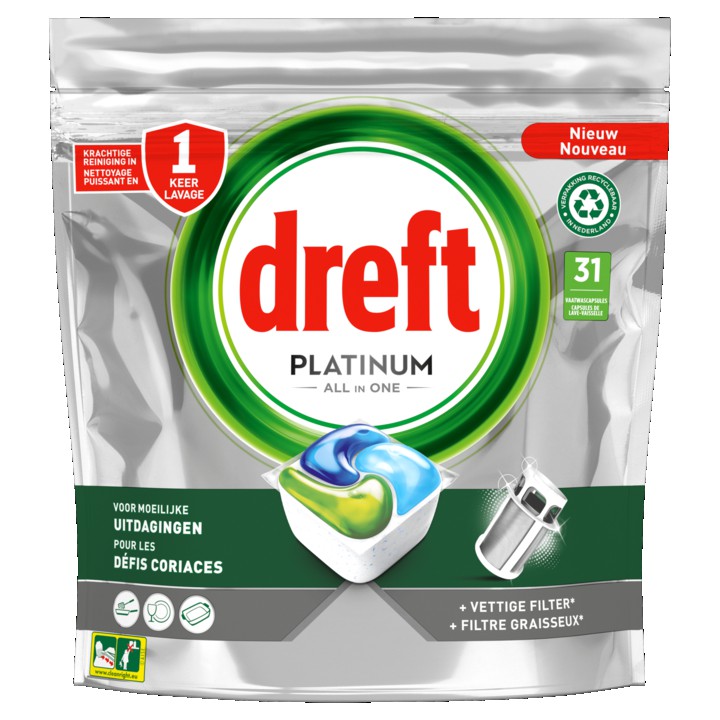 Dreft Platinum All In One Vaatwascapsules, Original, 31 Capsules