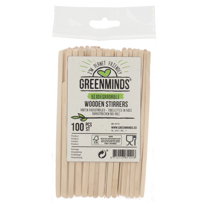 Greenminds Roerstaafjes Hout, 100 stuks