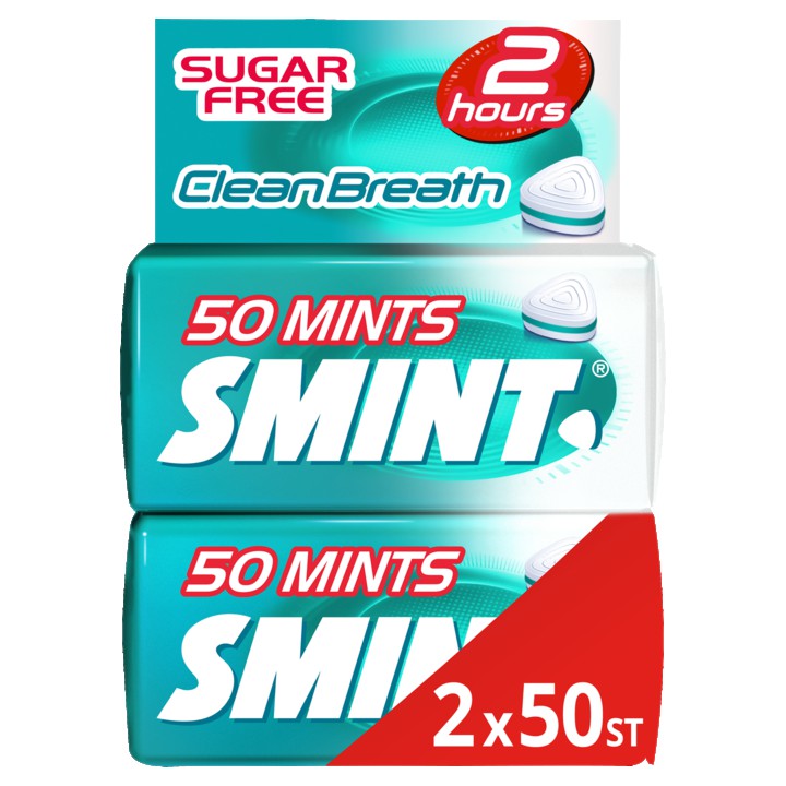 Smint Clean Breath Intense Mint Pepermunt Suikervrij 2 Blikjes 50 stuks Keelpastille