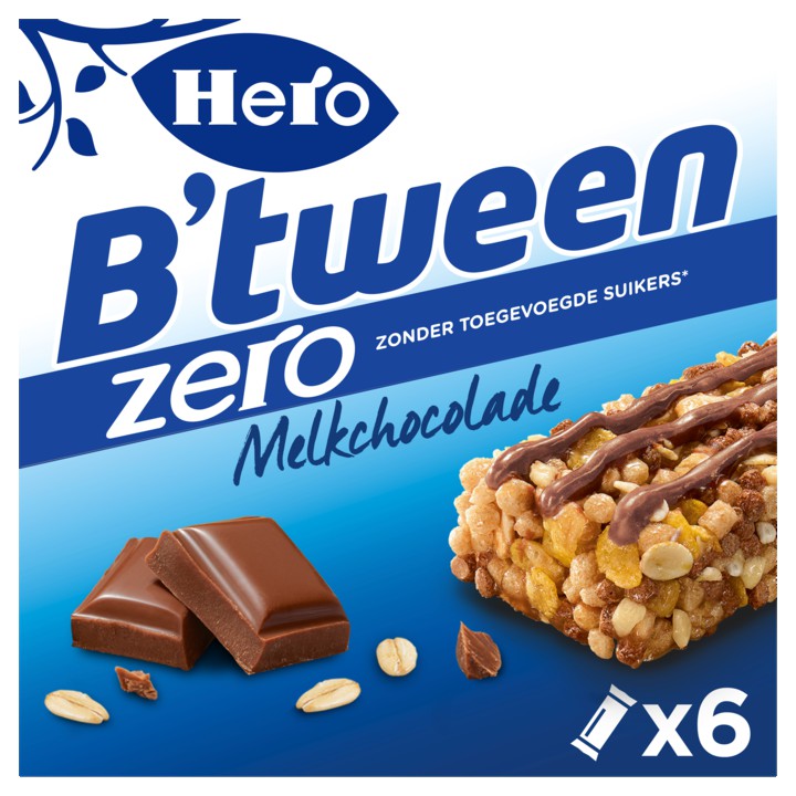 Hero B&amp;#x27;tween Mueslireep Zero Melkchocolade 6 x 20g