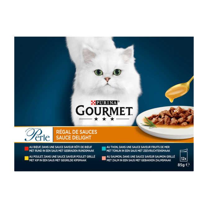 PURINA Gourmet Perle Sauce Delight rund kip tonijn zalm 12-pack