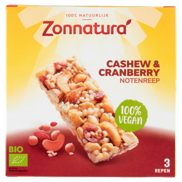 Zonnatura Cashew &amp;amp; Cranberry Notenreep 3 x 25g