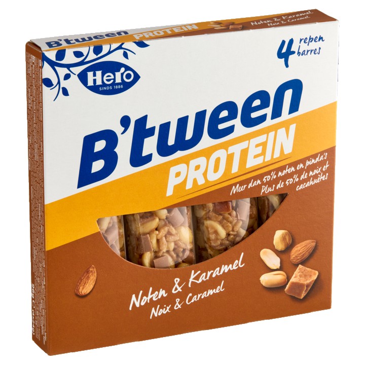 Hero B&amp;#x27;tween Protein Noten &amp;amp; Granenreep Noten &amp;amp; Karamel 4 x 24g