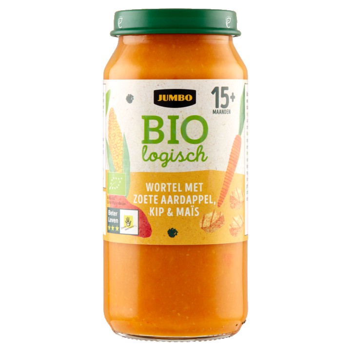 Jumbo Biologisch Wortel met Zoete Aardappel, Kip &amp;amp; Ma&amp;iuml;s 15+ Maanden 250g