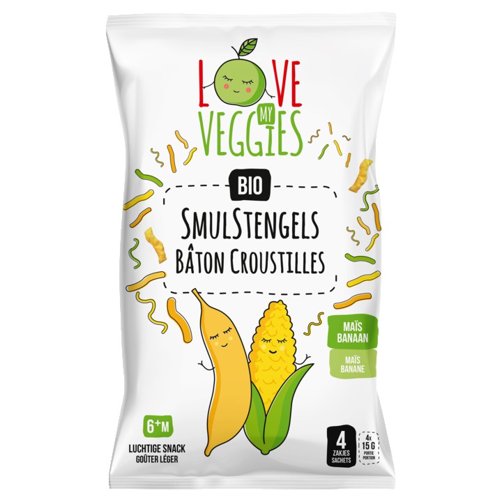 Love My Veggies Bio Smulstengels Ma&amp;iuml;s Banaan 6+ M 4 Zakjes 60g
