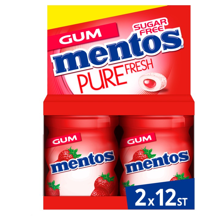 Mentos Strawberry Aardbei Kauwgom fruit Suikervrij 2 Potjes 12 stuks Pure Fresh