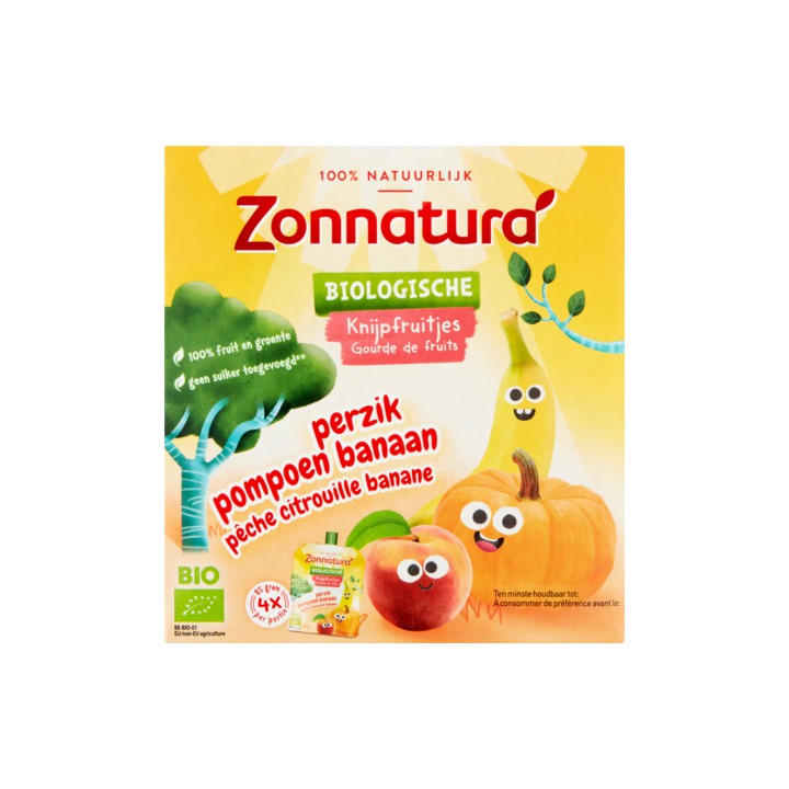 Zonnatura Biologische Knijpfruitjes Perzik Pompoen Banaan 4 x 85g