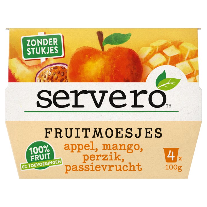 Servero Fruitmoesjes Appel, Mango, Perzik, Passievrucht 4 x 100g