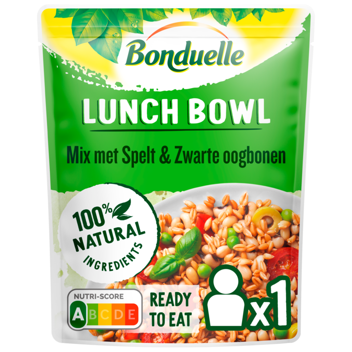 Bonduelle Lunch Bowl Spelt, erwtjes, zwarte oogbonen, cherrytomaten, rode paprika, olijven 250g