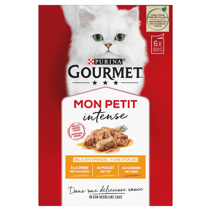 PURINA&amp;reg; Gourmet Mon Petit Intense Fijne stukjes met Kalkoen, Kip &amp;amp; Eend 6 x 50g