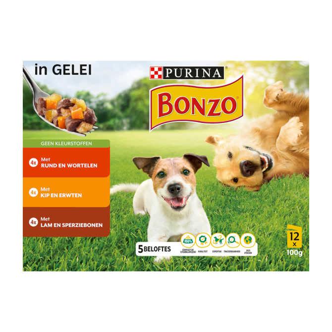 PURINA&amp;reg; Bonzo&amp;reg; Adult Maaltijdzakjes  Rund, Kip en Lam in Gelei 12x100g