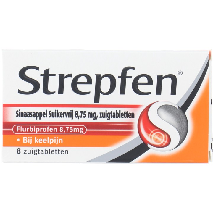 Strepsils Strepfen sinaasappel suikervrij zuigtabletten bij keelpijn 8,75 mg, 8 stuks